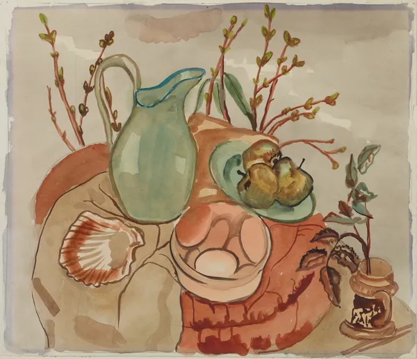Still life with eggs and willow av Frances Hodgkins