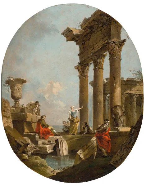 An Architectural Capriccio With Figures Amongst Classical Ruins, A Temple Beyond av Francesco Guardi