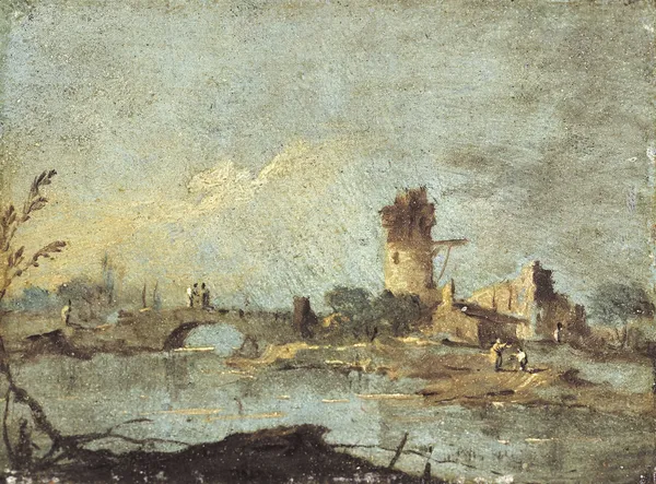 Caprice rustique, avec pont et tour en ruine (18th century) av Francesco Guardi