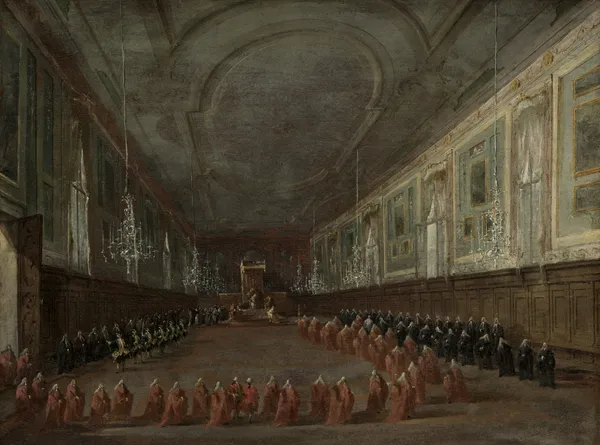 Pope Pius VI Descending the Throne to Take Leave of the Doge in the Hall of SS. Giovanni e Paolo, 1782 av Francesco Guardi