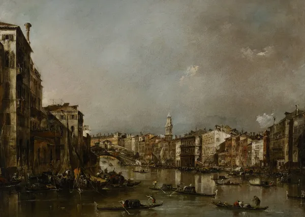View up the Grand Canal toward the Rialto av Francesco Guardi