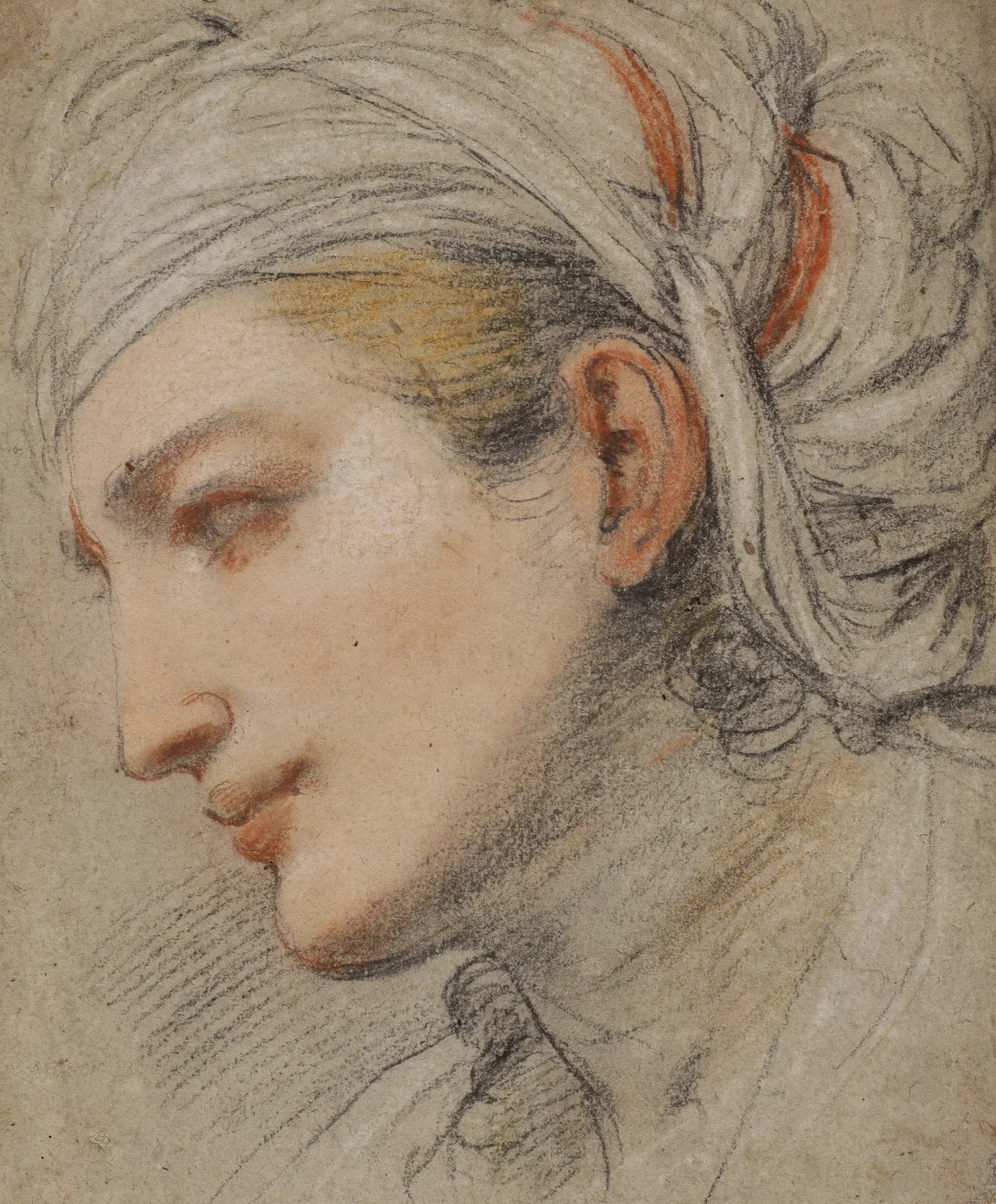 Head of a young woman with a headcloth, in profile to the left av Pier Francesco Mola