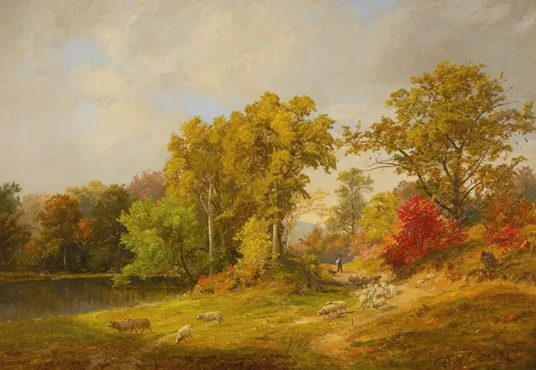 Autumn Landscape With Shepherd, Dog And Sheep av Jasper Francis Cropsey
