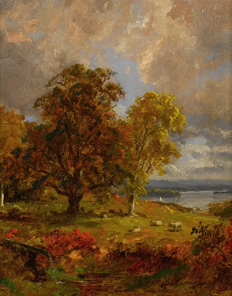 Landscape With Trees And Sheep Near A Copse av Jasper Francis Cropsey