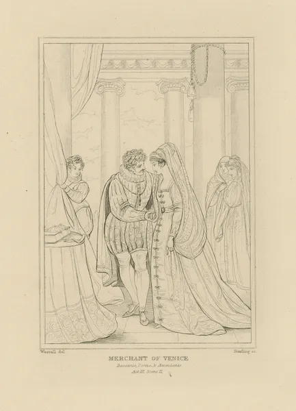 Merchant of Venice, act 3, scene 2 … Bassanio, Portia, and Attendants (19th century) av William Francis Starling