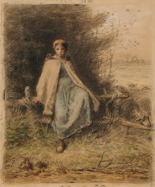 Jeune bergère assise sur une barrière av Jean-François Millet