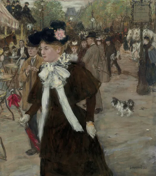 Élégante sur le Boulevard des Italiens, Paris av Jean François Raffaëlli