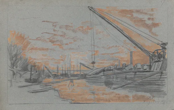 Bercy – Paris (bord de Seine avec chalands à l’ancre en cours de chargement, soleil couchant) av Jean-François Taelemans