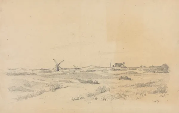 Coxyde- vue de la campagne avec moulins et village à l’horizon av Jean-François Taelemans
