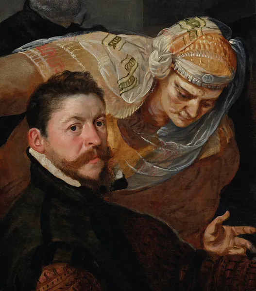 Portrait of an artist, seated, with a woman leaning over his shoulder av Frans Floris