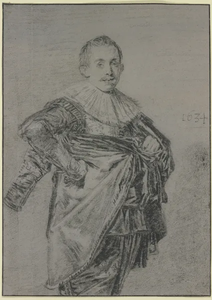 Junger stehender Mann mit Mantel und glatter Halskrause, Kniestück av Frans Hals