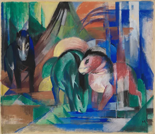 Drei Pferde am Waldwasser av Franz Marc