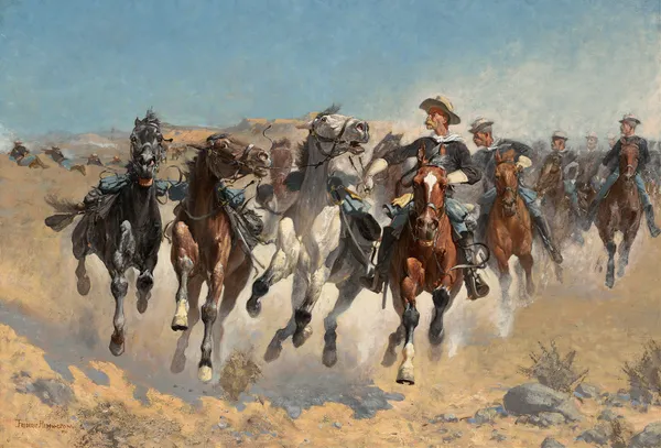 Dismounted,the Fourth Troopers Moving The Led Horses av Frederic Remington