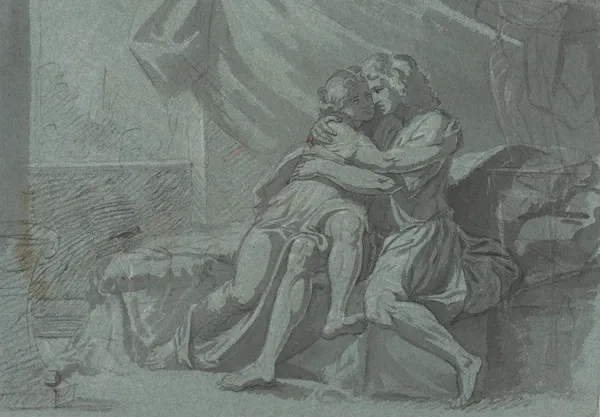 Embracing Lovers in Classical Dress – A Woman in Classical Dress Looking Up av Heinrich Friedrich Füger