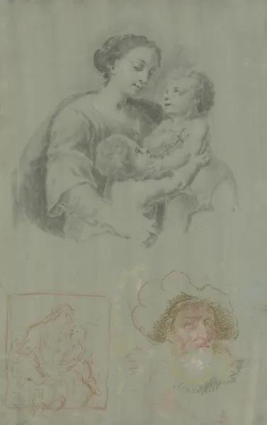 Studienblatt mit einer Madonna mit dem Kind und dem Johannesknaben, dazu ein bärtiger Mann mit Mütze av Heinrich Friedrich Füger