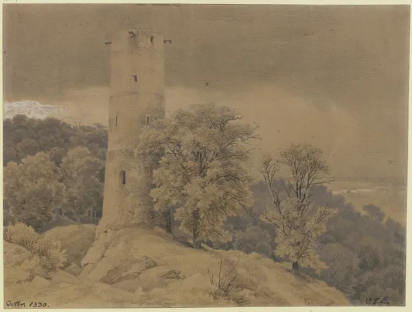 Waldlandschaft mit Wartturm av Karl Friedrich Lessing