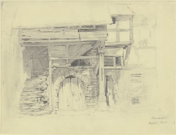 Altes Haus, Kellertor unter einer Treppe, die in einen Holzbau mit einer Säule führt av Jakob Fürchtegott Dielmann
