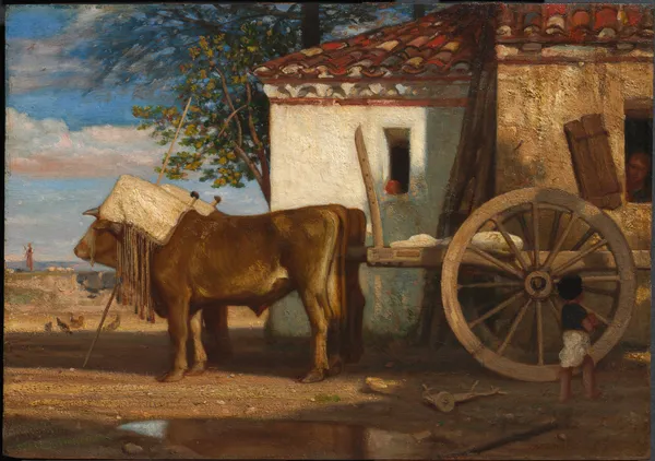 Oxen before a Farmhouse at Le Verrier av Alexandre-Gabriel Decamps