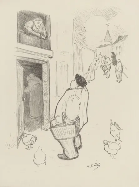 Homme dans la rue parlant avec une femme à son balcon av Henri-Gabriel Ibels