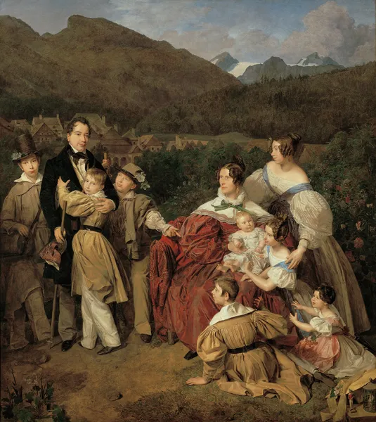Der Notar Dr. Josef August Eltz mit seiner Gattin Caroline, geb. Schaumburg, und den acht Kindern in Ischl av Ferdinand Georg Waldmüller