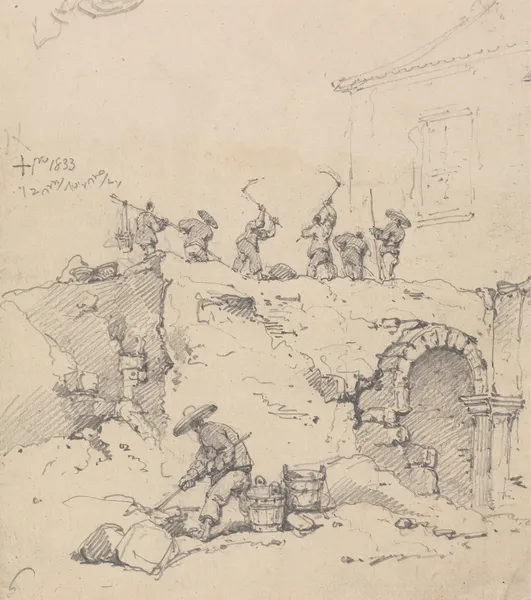 Chinese Coolies Demolishing a Building av George Chinnery