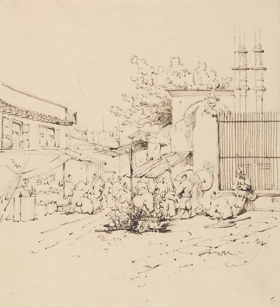 Street Scene with Merchants Selling Wares av George Chinnery
