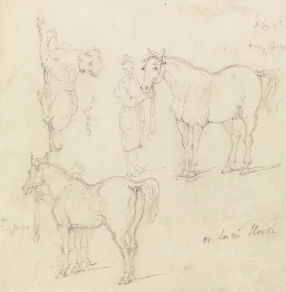 Studies of Horses with Chinese Grooms, and a Dog av George Chinnery