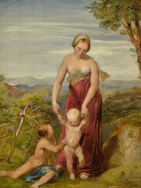 A woman with two children in a hilly landscape av George Richmond