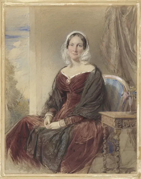 Portret van een zittende dame bij een doorkijk naar buiten av George Richmond