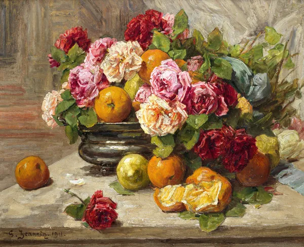 Still life of roses and fruit av Georges Jeannin