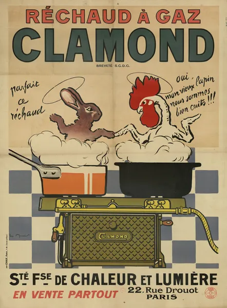 Réchaud à gaz Clamond. Société française de chaleur et lumière, 22, rue Drouot, Paris. lapin, coq av Georges Meunier