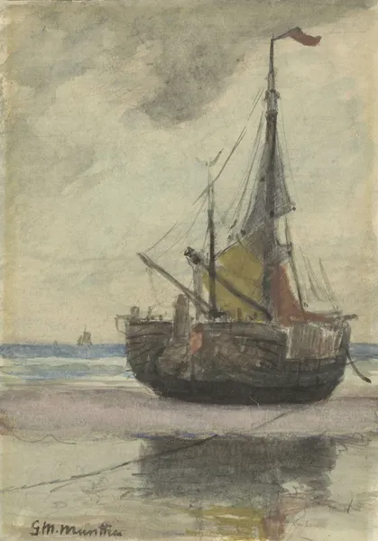 Vissersboot op het strand met gereefd zeil av Gerhard Munthe