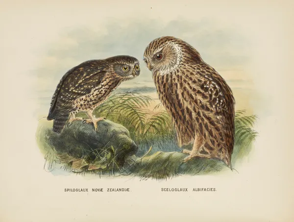 Spiloglaux Novae Zealandiae and Sceloglaux albifacies av John Gerrard Keulemans