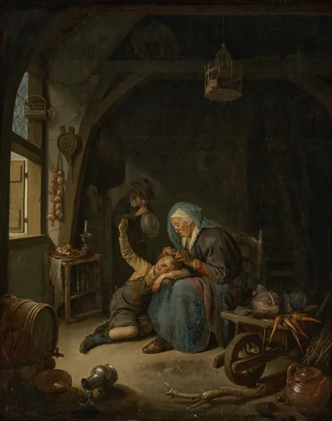 A cottage interior with an old woman (‘Rembrandt’s Mother’) delousing a boy’s hair av Gerrit Dou