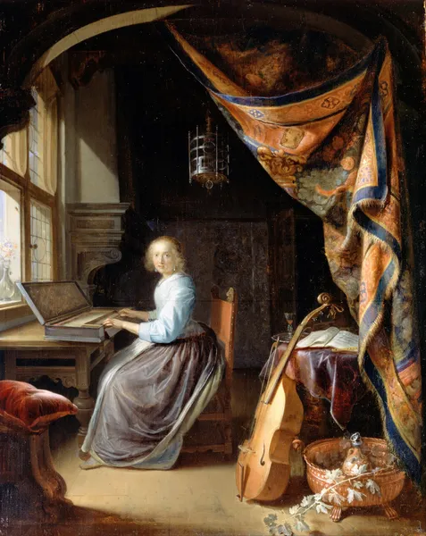 A Woman playing a Clavichord av Gerrit Dou