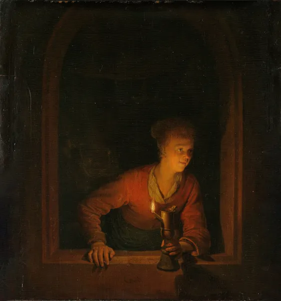 Girl with an Oil Lamp at a Window av Gerrit Dou