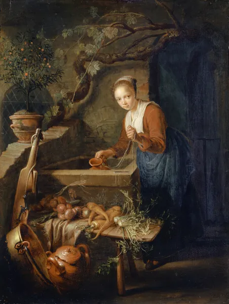 Kitchen Maid At The Well av Gerrit Dou