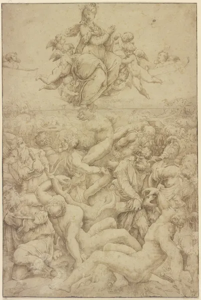Maria von Engeln getragen als Siegerin über die Schlange und das Heidenthum av Giorgio Vasari