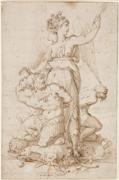 Victory with three Prisoners kneeling on Trophies av Giorgio Vasari