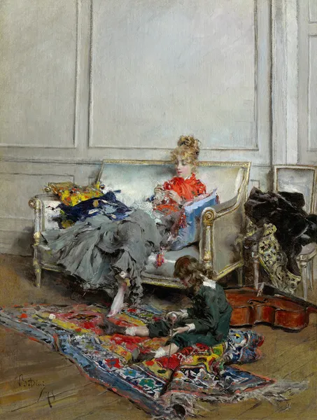 Young Woman Crocheting av Giovanni Boldini