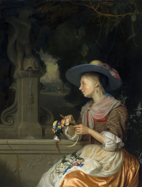 Woman Weaving a Crown of Flowers av Godfried Schalcken
