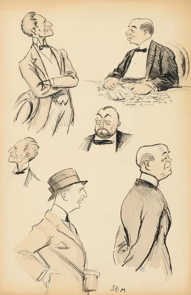6 croquis ; têtes ou bustes de cinq messieurs av Georges Goursat (Sem)
