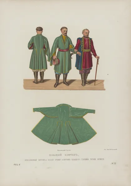 Kazak kaftan given to Kazak Breshko by PeterI , and Kazak sergeant’s costume of the same time. costume of the city of Torzhok av Fedor Grigoryevich Solntsev