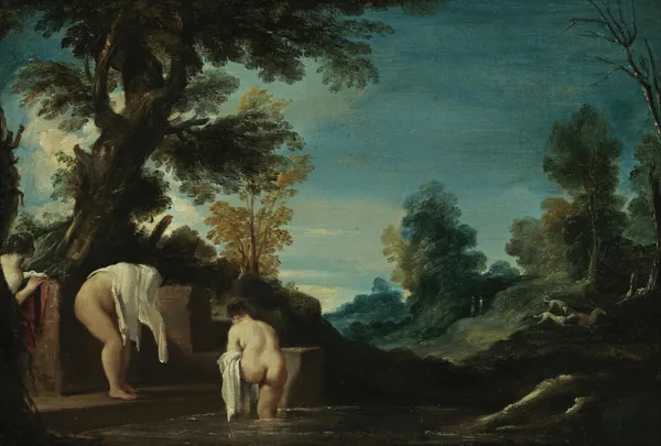 Landscape with Bathing Women av Guercino