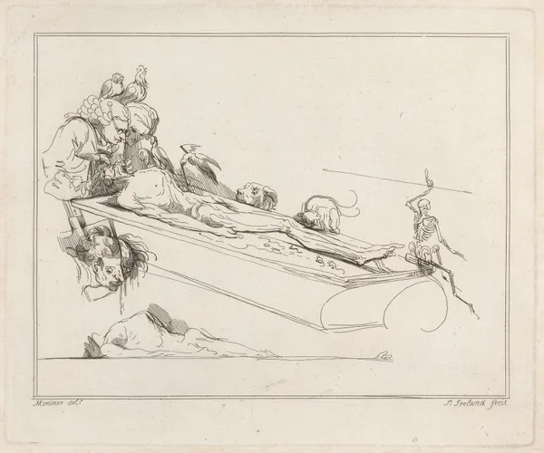 Doctors, Birds, Dog, Rat and Skeleton attending a Corpse av John Hamilton Mortimer