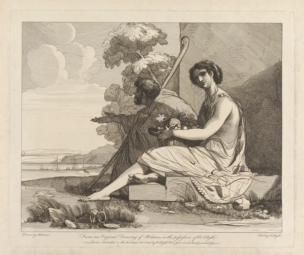 Man in Cloak and Woman with Fruit Seated, Overlooking a Bay av John Hamilton Mortimer