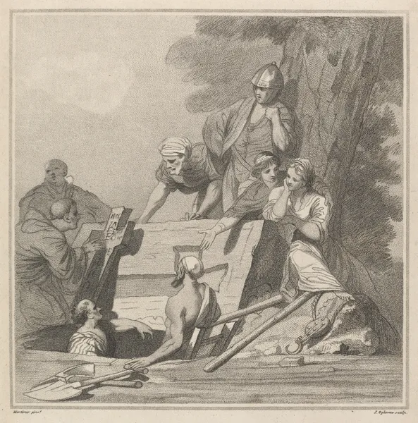 The Discovery of Prince Arthur’s Tomb by the Inscription on the Leaden Cross av John Hamilton Mortimer