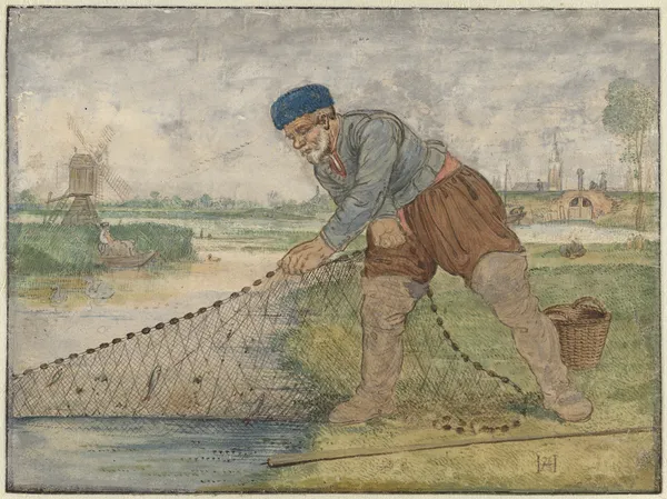 A Fisherman Hauling in his Net av Hendrick Avercamp