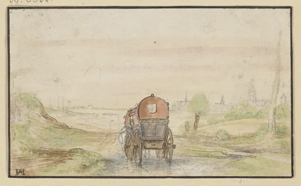 Landstraße mit einer roten Kutsche av Hendrick Avercamp