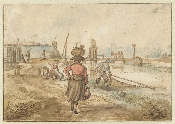 River Landscape with a Woman Carrying a Basket on her Head, Fishermen and Other Figures near the Walls of a Town av Hendrick Avercamp